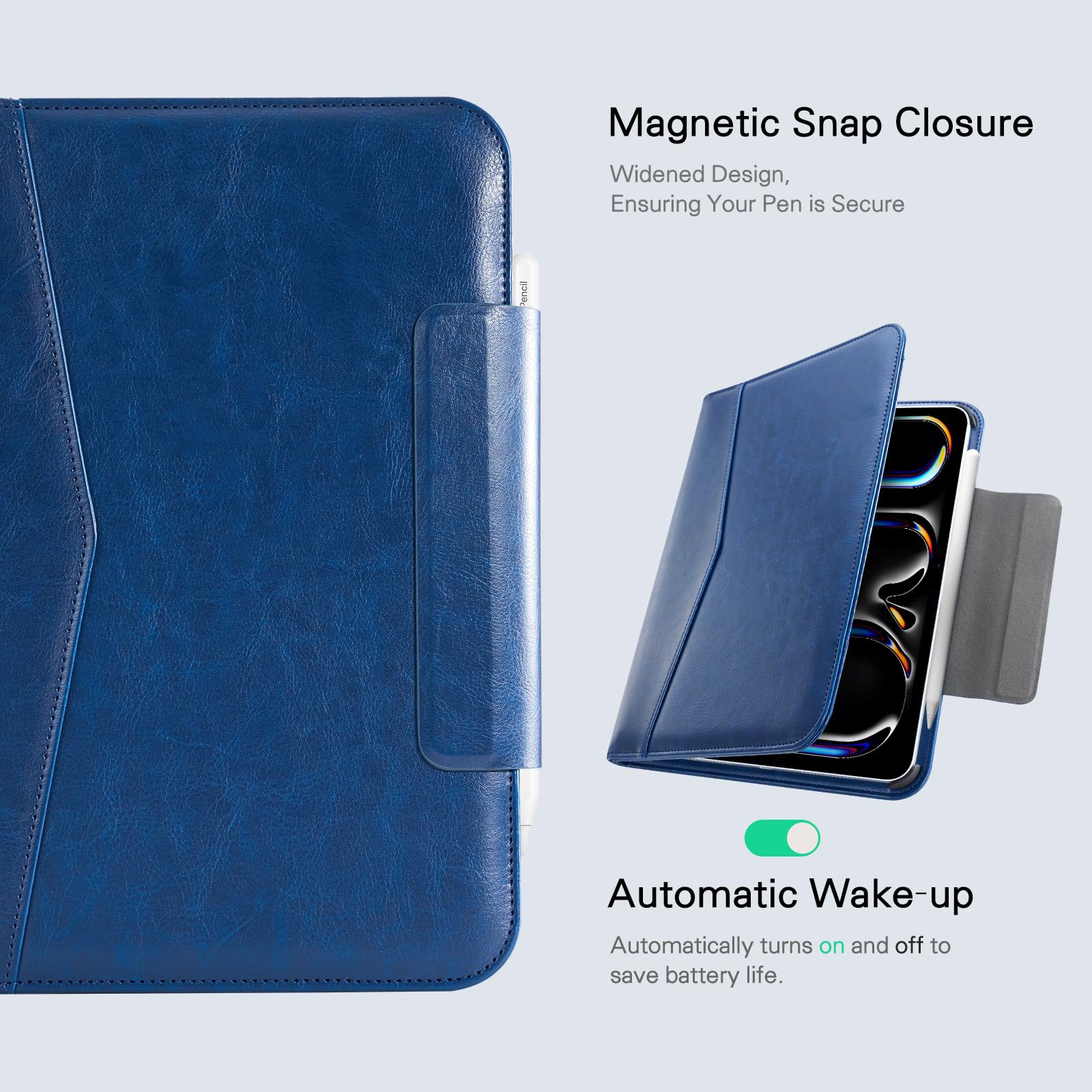 CoBak Premium Leather Case for iPad Pro 11-inch (M4) 2024 (5th Generation), Built-in Folder Storage, Super Magnetic Back, Auto Sleep/Wake Function, Navy Blue