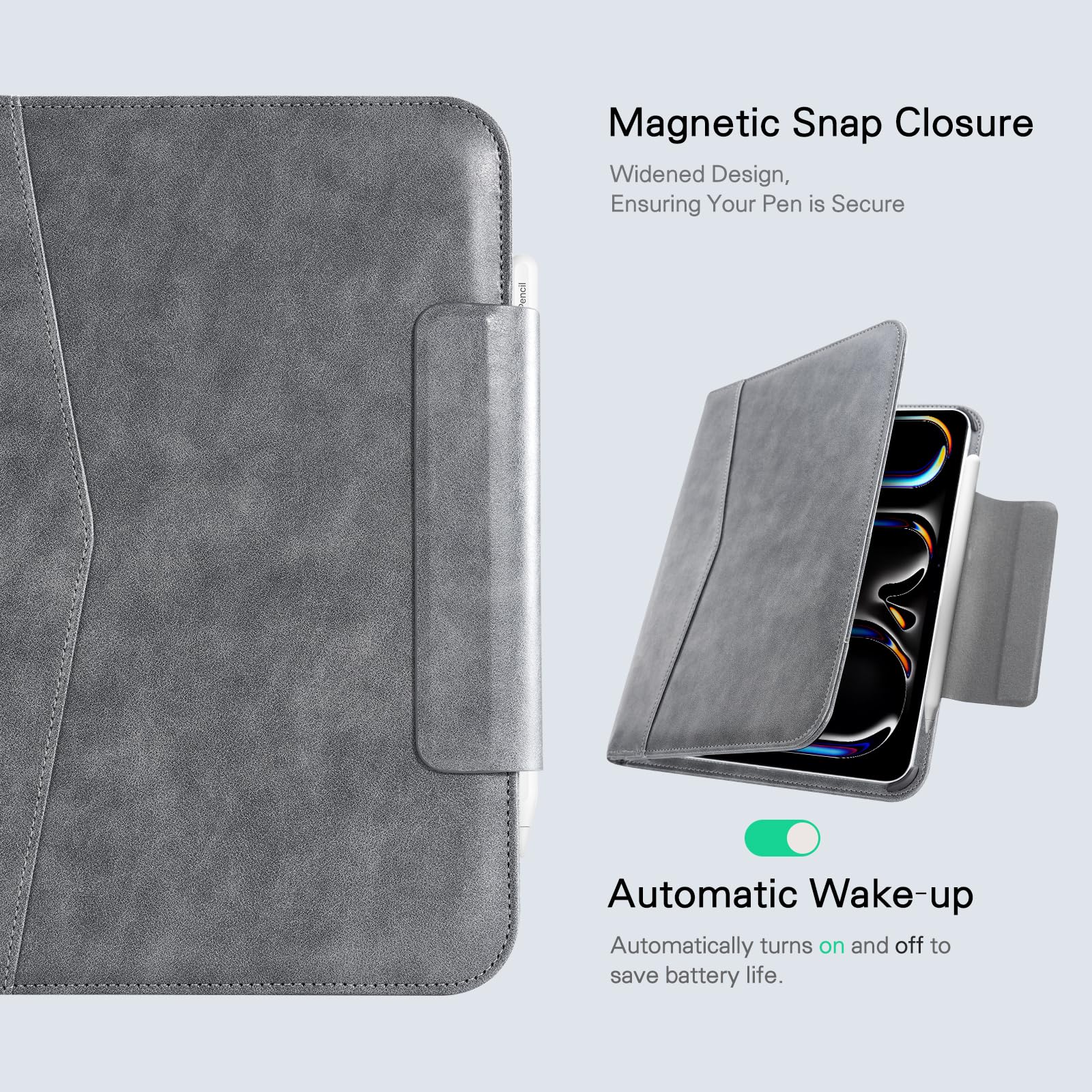 CoBak Premium Leather Case for iPad Pro 11-inch (M4) 2024 (5th Generation), Built-in Folder Storage, Super Magnetic Back, Auto Sleep/Wake Function, Cowhide Gray