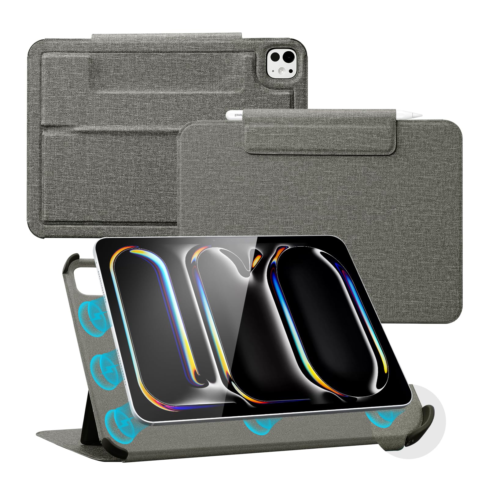 CoBak Magnetic Case with Stand for iPad Pro 11 Inch (M4) 2024, Multiple Viewing Angles, Smart Auto Sleep/Wake Cover with Corner Protection with Apple Pencil Holder Strap, Graphite Fabric