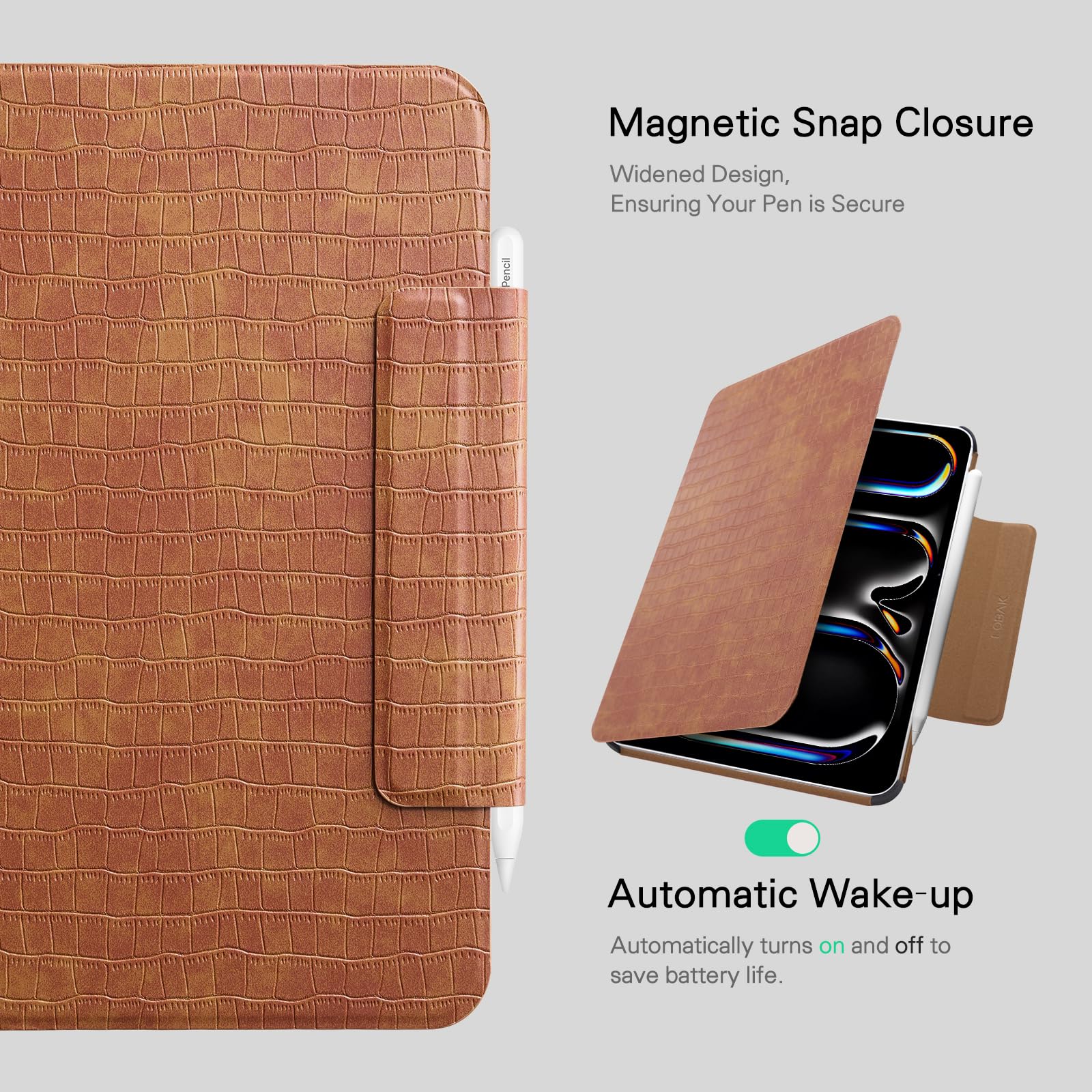 CoBak Magnetic Case with Stand for iPad Pro 11 Inch (M4) 2024, Multiple Viewing Angles, Smart Auto Sleep/Wake Cover with Corner Protection with Apple Pencil Holder Strap, Amber Croc