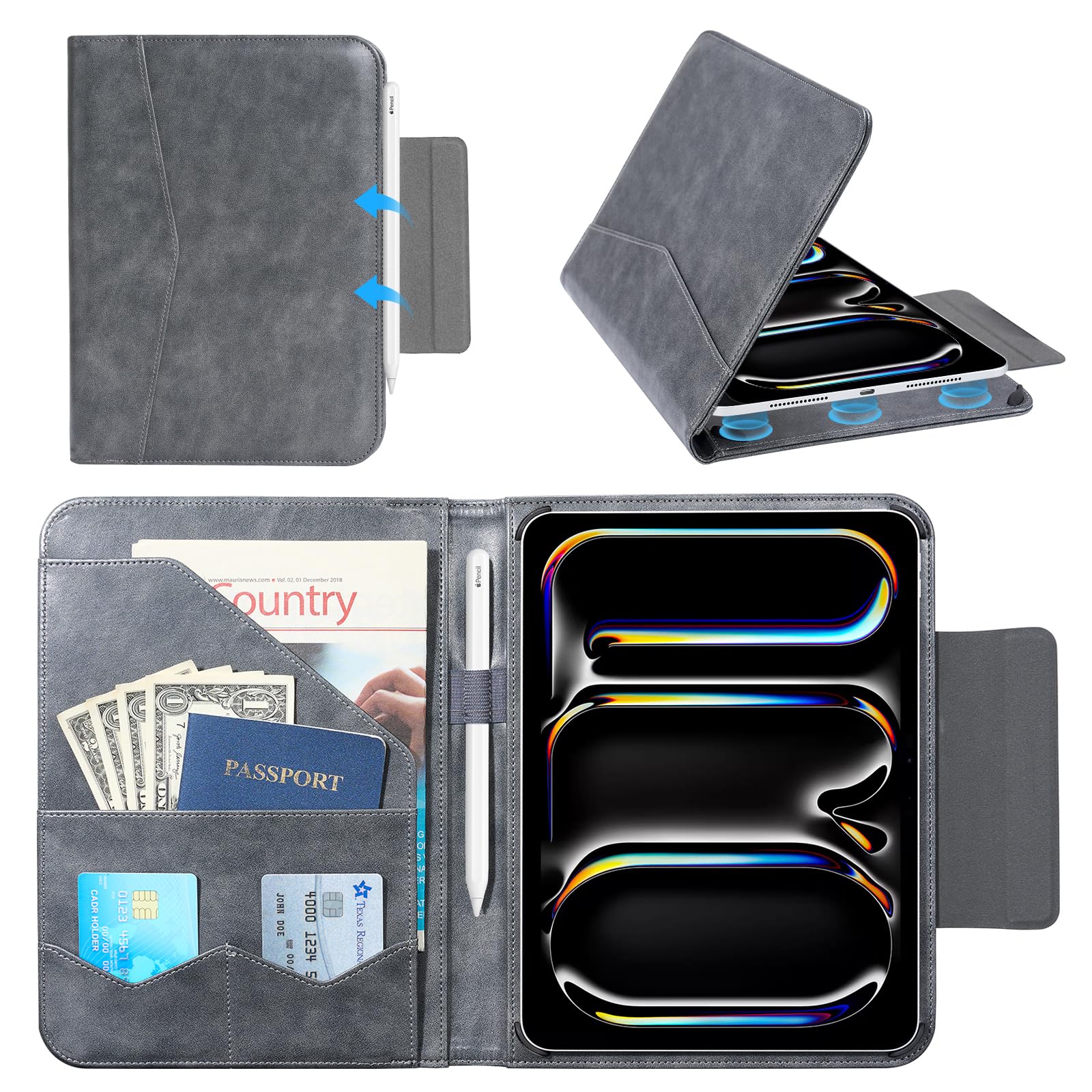 CoBak Premium Leather Case for iPad Pro 11-inch (M4) 2024 (5th Generation), Built-in Folder Storage, Super Magnetic Back, Auto Sleep/Wake Function, Cowhide Gray