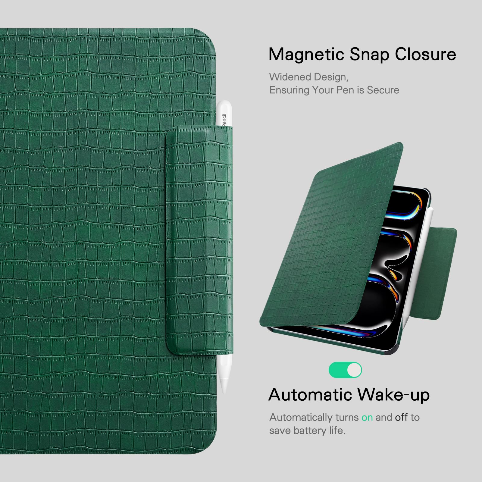 CoBak Magnetic Case with Stand for iPad Pro 11 Inch (M4) 2024, Multiple Viewing Angles, Smart Auto Sleep/Wake Cover with Corner Protection with Apple Pencil Holder Strap, Emerald Croc