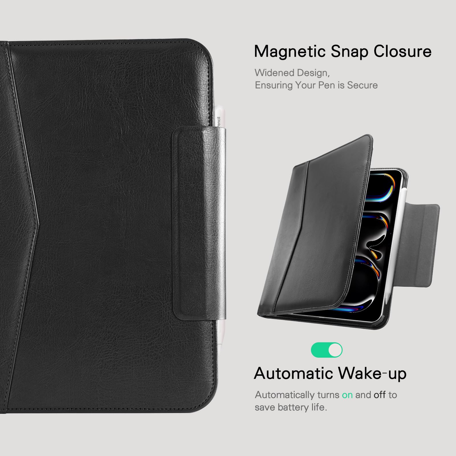 CoBak Premium Leather Case for iPad Pro 11-inch (M4) 2024 (5th Generation), Built-in Folder Storage, Super Magnetic Back, Auto Sleep/Wake Function, Cowhide Black