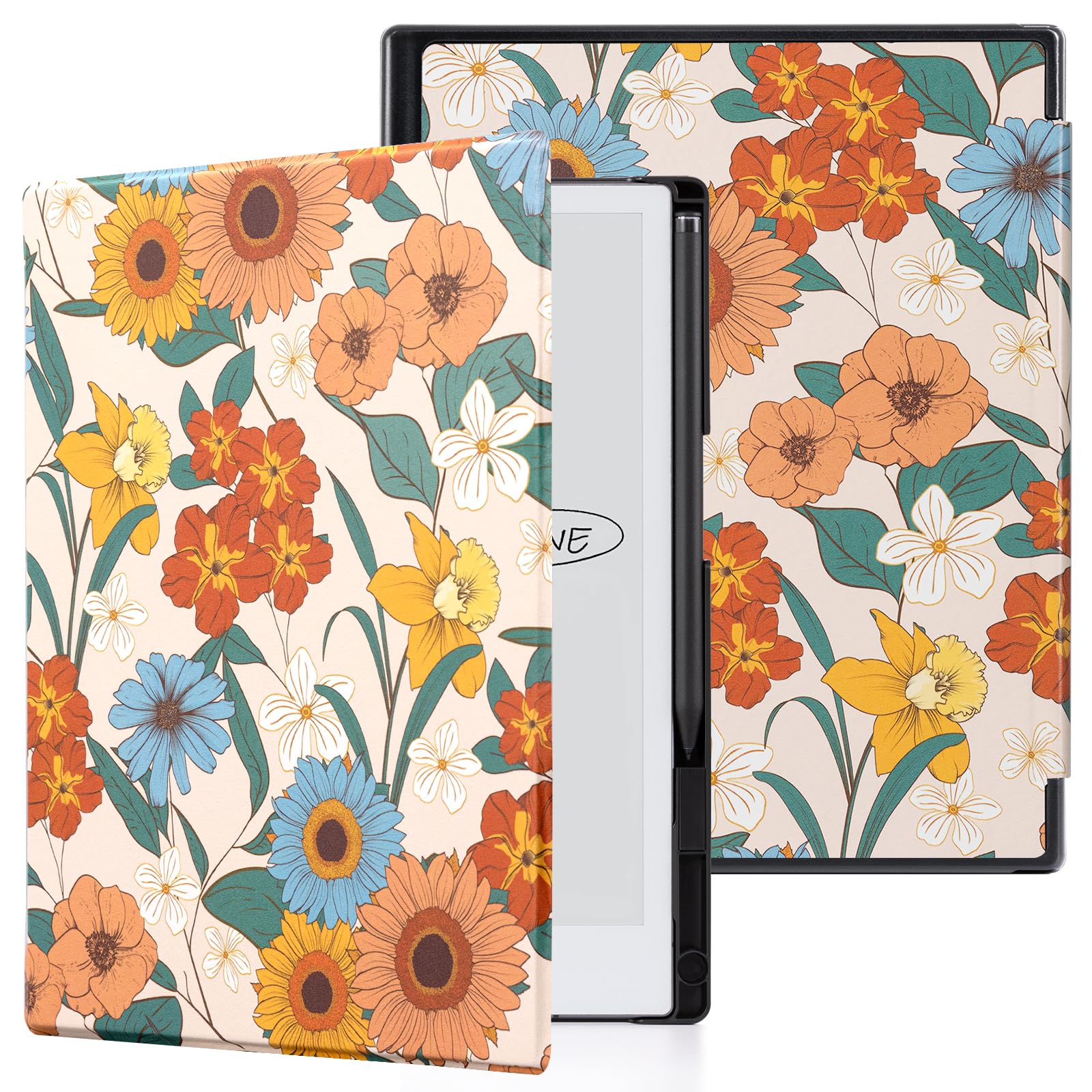 CoBak Case for Remarkable 2 Paper Tablet - Lightweight and Hard Back Shell Protective Book Folio Cover with Built-in Pen Holder - for 10.3" 2020 Released, Orange Flower