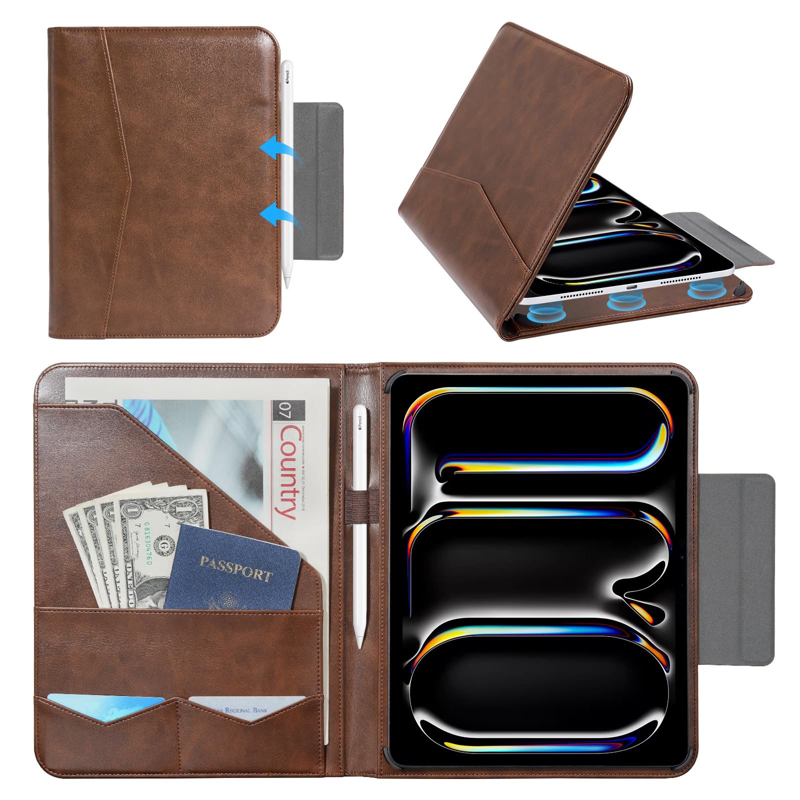 CoBak Premium Leather Case for iPad Pro 11-inch (M4) 2024 (5th Generation), Built-in Folder Storage, Super Magnetic Back, Auto Sleep/Wake Function, Cowhide Brown