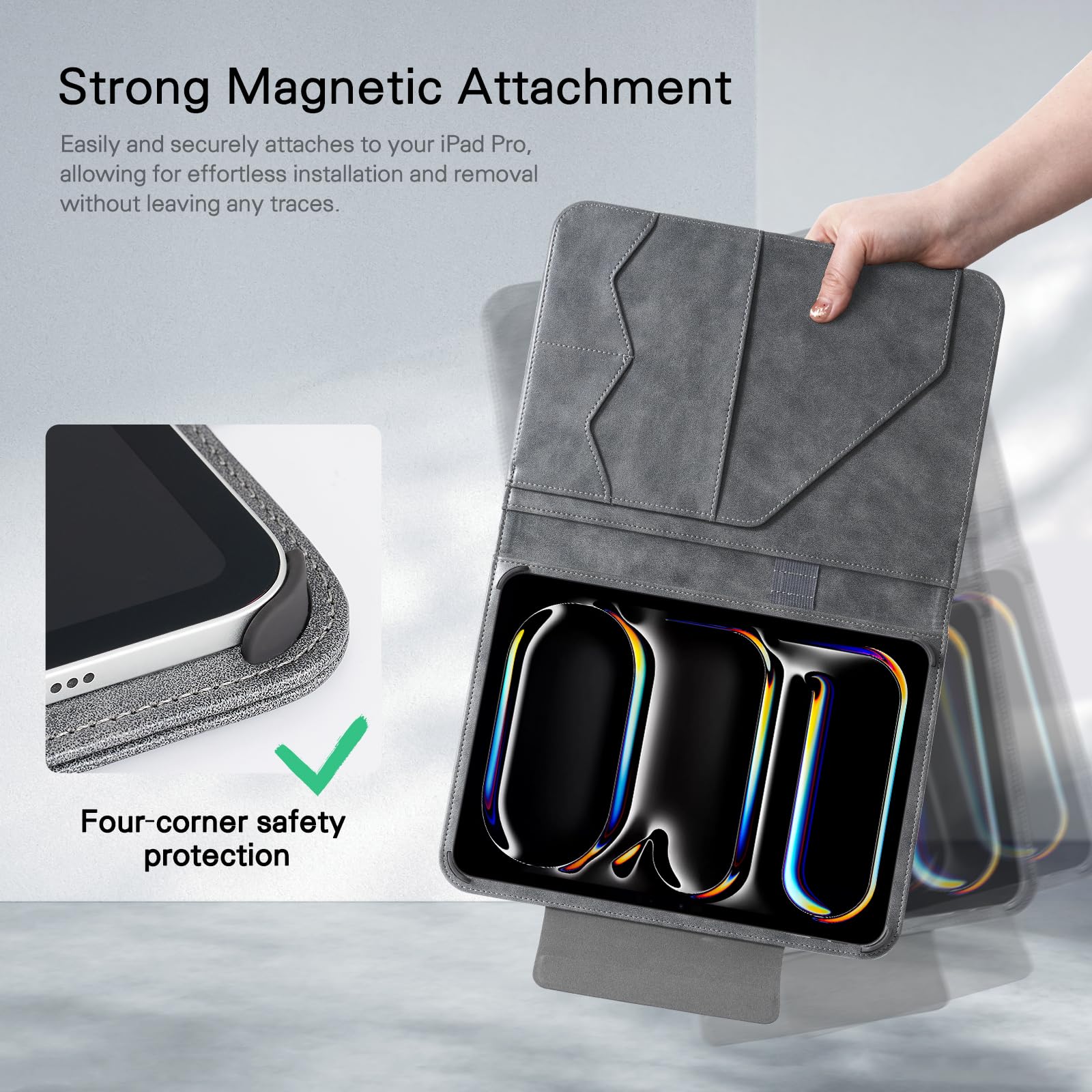 CoBak Premium Leather Case for iPad Pro 11-inch (M4) 2024 (5th Generation), Built-in Folder Storage, Super Magnetic Back, Auto Sleep/Wake Function, Cowhide Gray