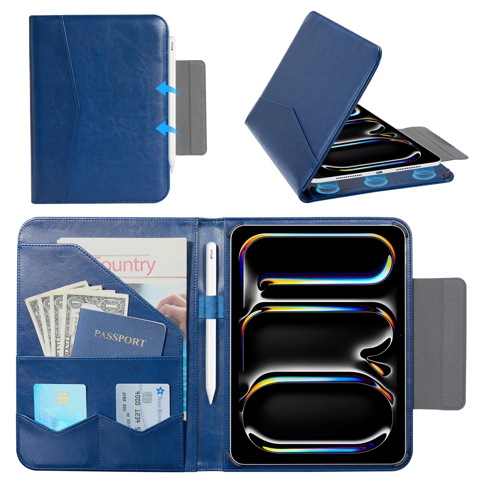 CoBak Premium Leather Case for iPad Pro 11-inch (M4) 2024 (5th Generation), Built-in Folder Storage, Super Magnetic Back, Auto Sleep/Wake Function, Navy Blue