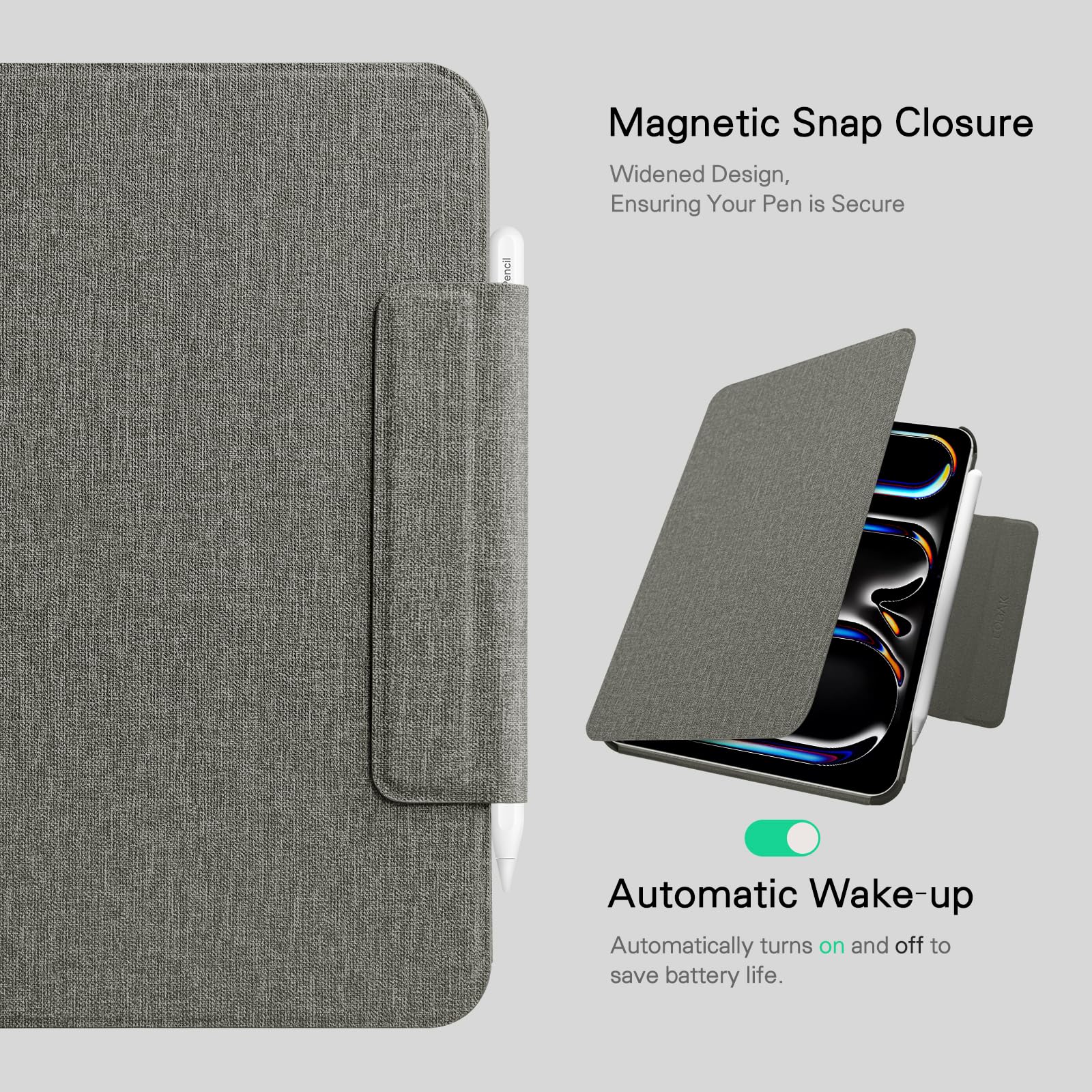 CoBak Magnetic Case with Stand for iPad Pro 11 Inch (M4) 2024, Multiple Viewing Angles, Smart Auto Sleep/Wake Cover with Corner Protection with Apple Pencil Holder Strap, Graphite Fabric