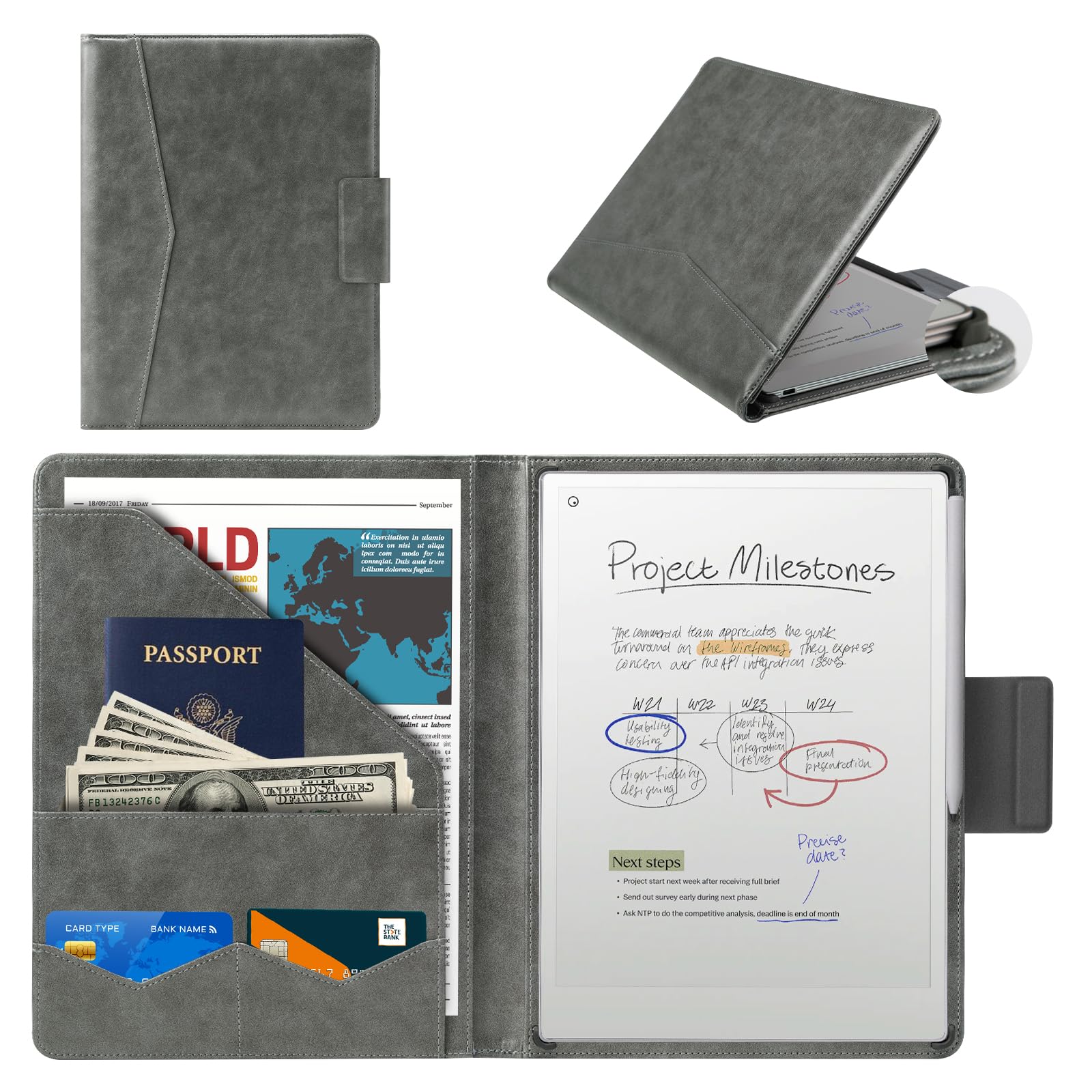 Cobak Premium PU Leather Case for Remarkable Paper Pro 11.8" (2024) – Slim Magnetic Back Cover with Auto Sleep/Wake, Folder Design, Magnetic Pen Holder Strap,Gray Leather