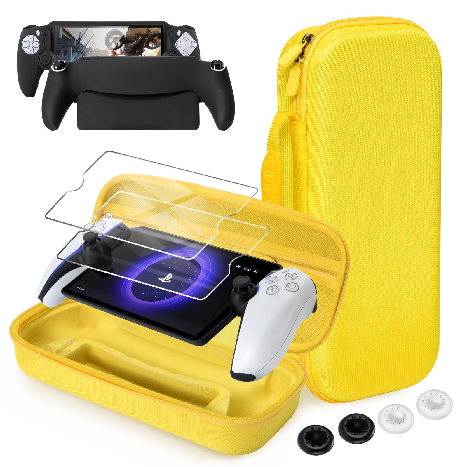 CoBak Hard Carrying Shell Case for PlayStation Portal Remote Player - with 2 Screen Protector, 1 Grip Case, 4 Thumb Grip Caps, Hard Outer Cover for PS5 Portal, Yellow
